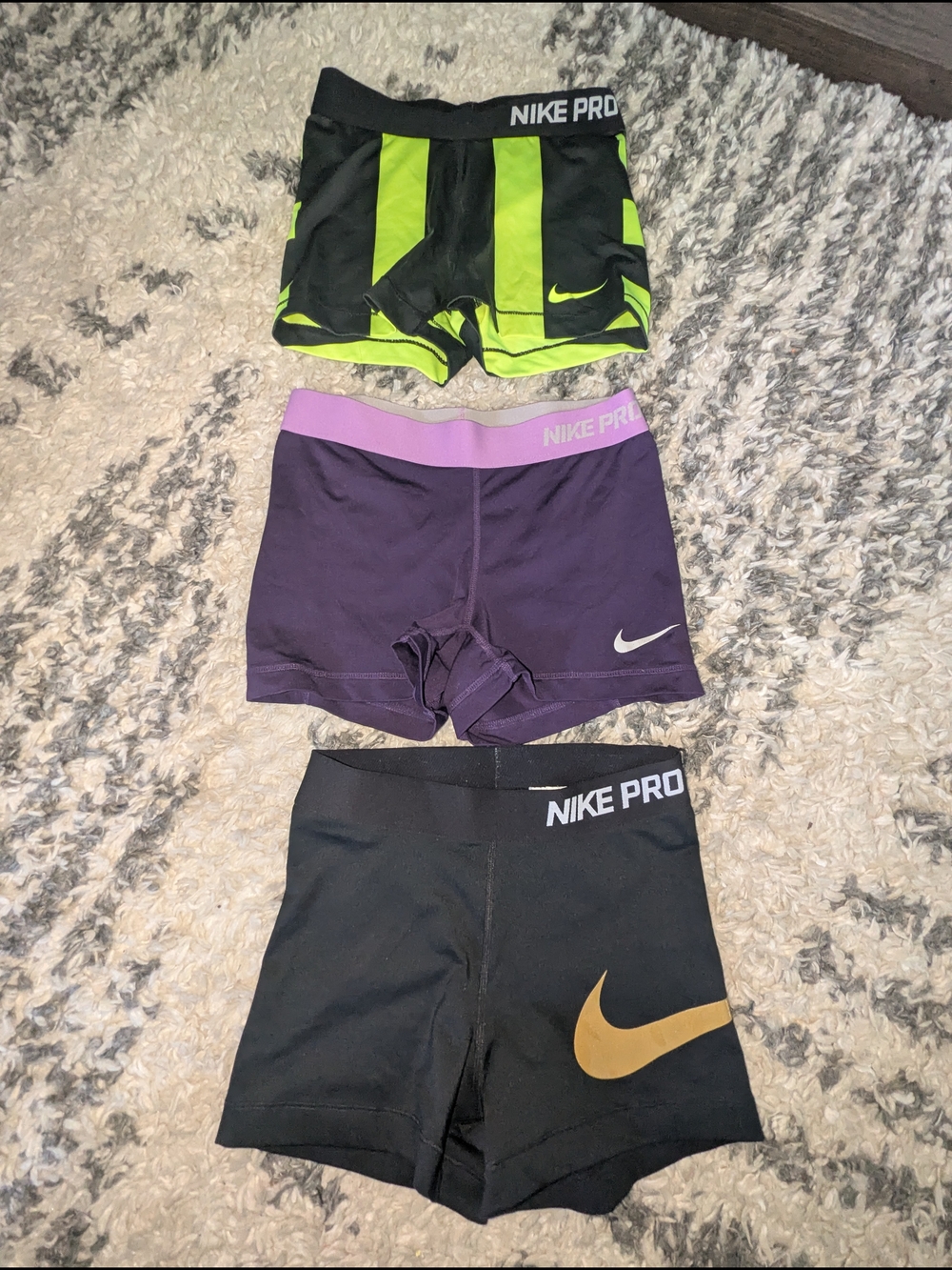Nike Pro Trio: Black, Purple & Neon Green Woman's' Athletic Shorts